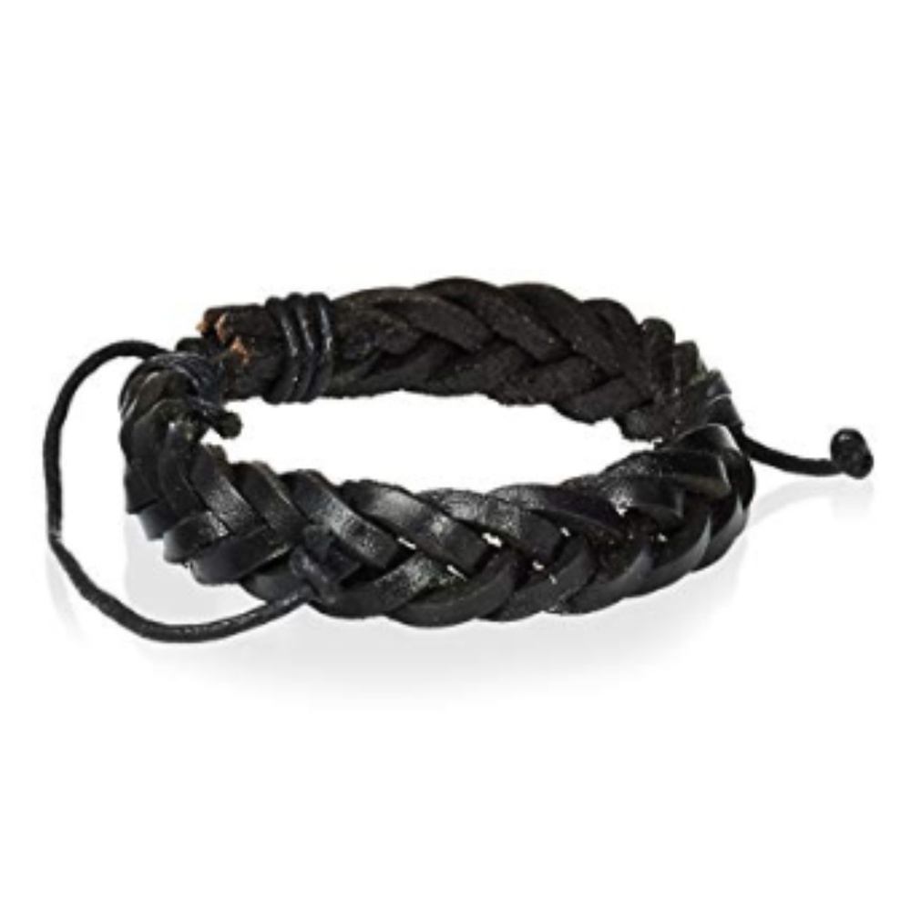 Mens Black Leather Woven Bracelet